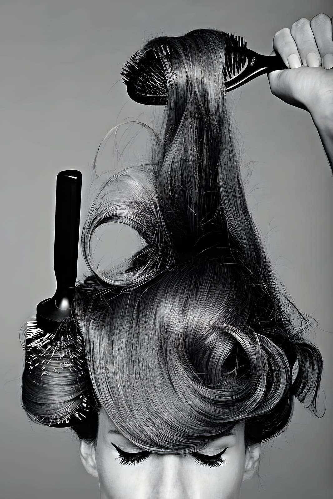 Black and white shot of long hair being brushed out with round brushes