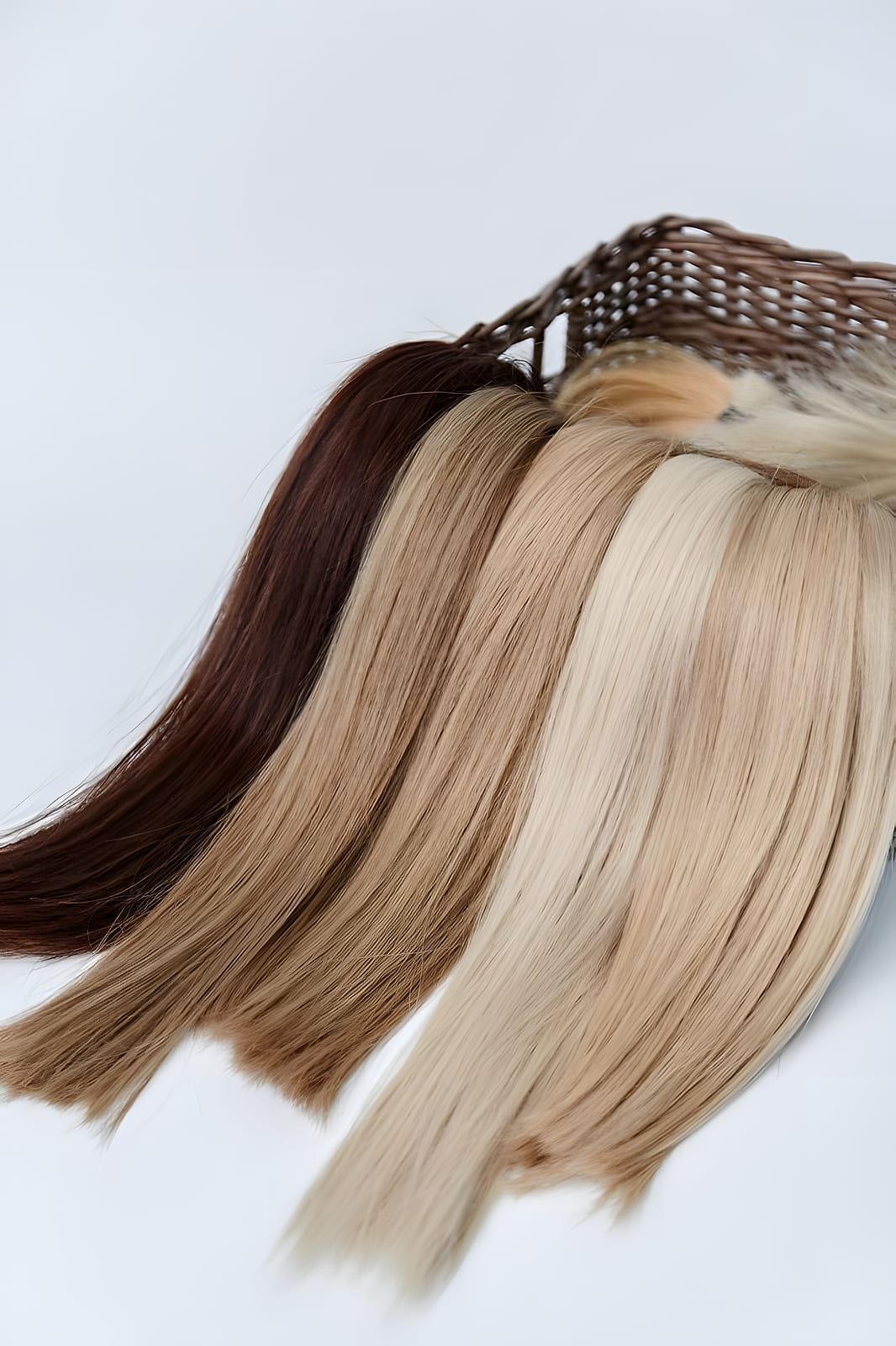Hair extension wefts in a row of brown to blonde shades